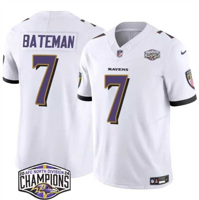 Mens Baltimore Ravens #7 Rashod Bateman White F.U.S.E 2024 AFC North Division Champions Vapor Limited Jersey